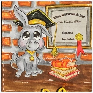Digital stamp of a donkey with grey fur, wearing a black and yellow graduation hat. A yellow star is around its neck. The stamp is colored with shades of grey and yellow."